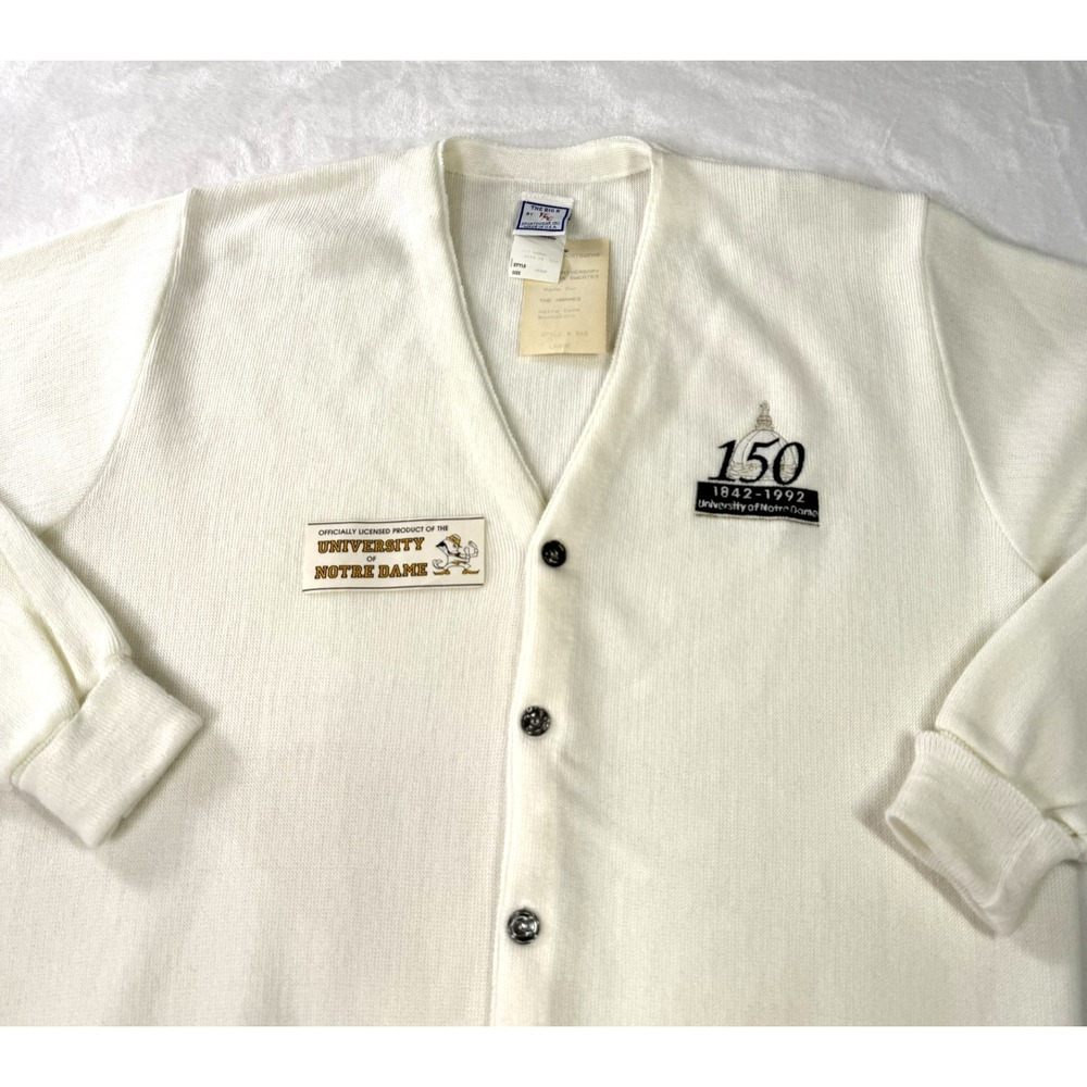Vintage Notre Dame Fighting Irish‎ Cardigan Sweater Womens L Ivory 150th NWT USA